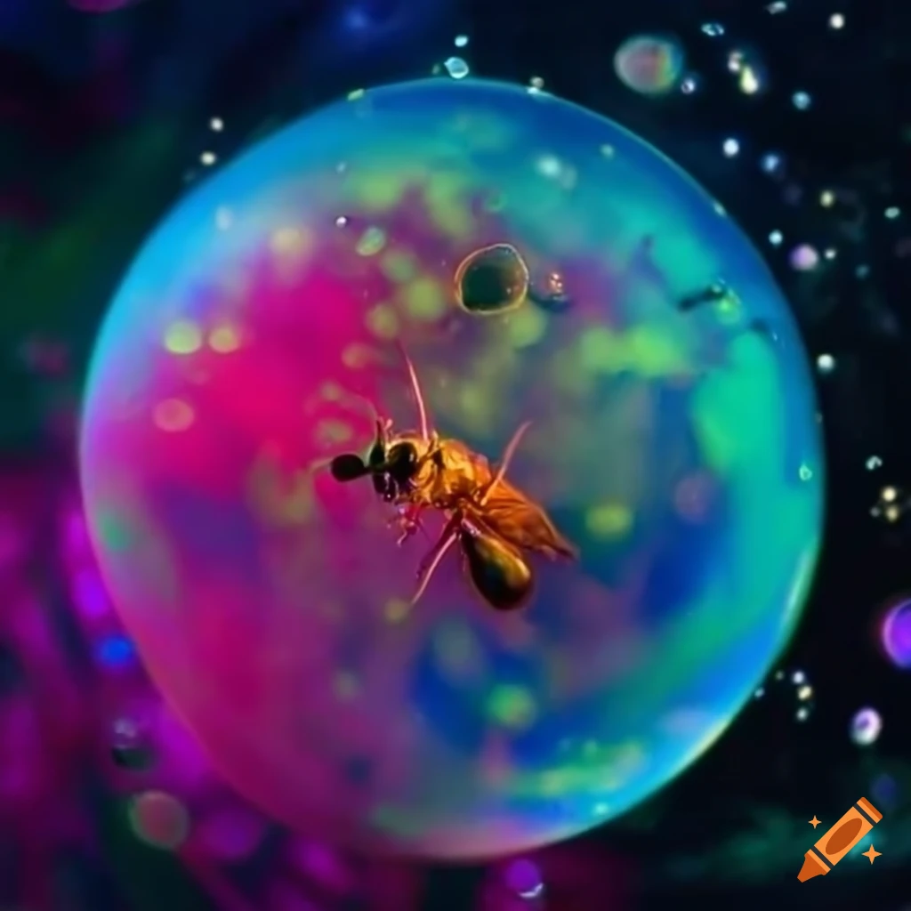 Small insect in a water bubble in outer space with vibrant colors