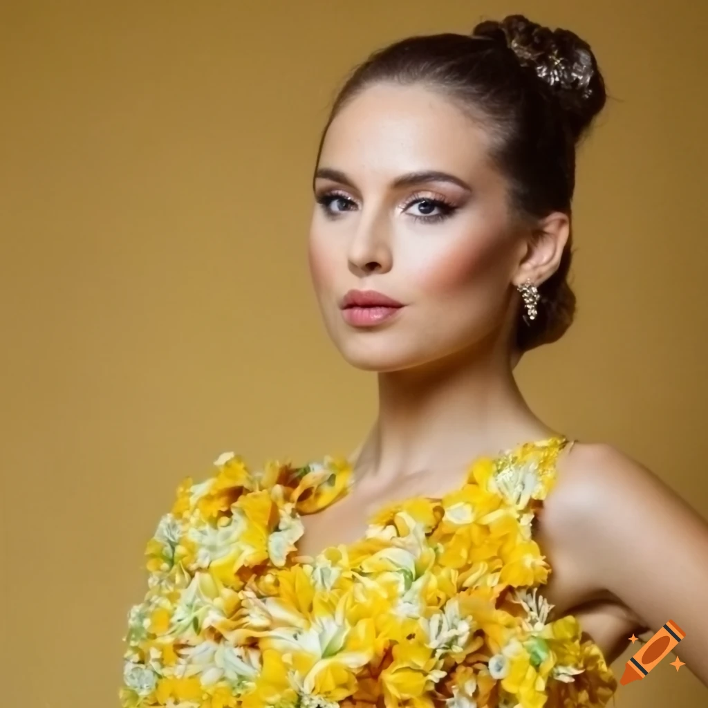 Yellow floral pop dress in soft studio lighting