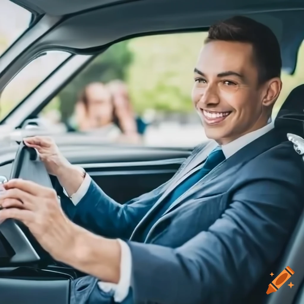 Person in business casual attire smiling in an electric vehicle