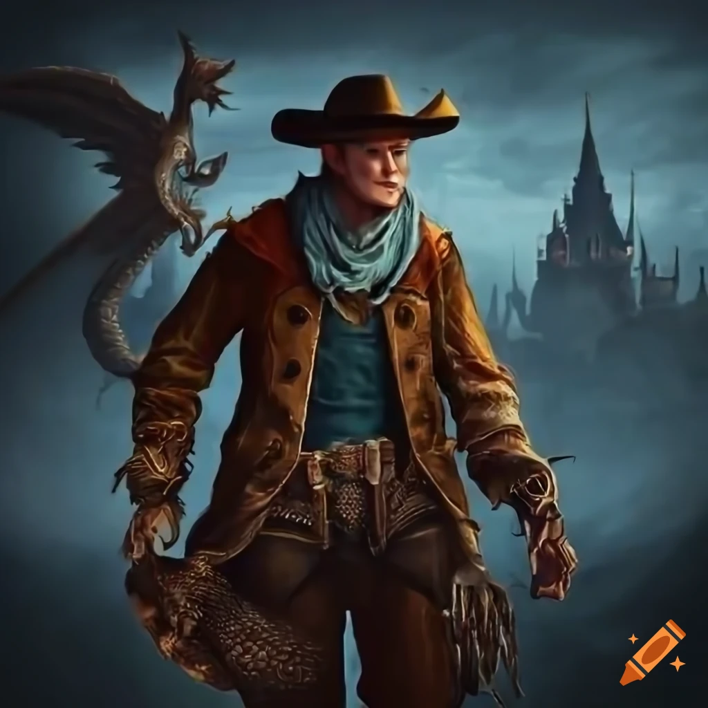Cowboy in dark fantasy setting with castle and dragon in background