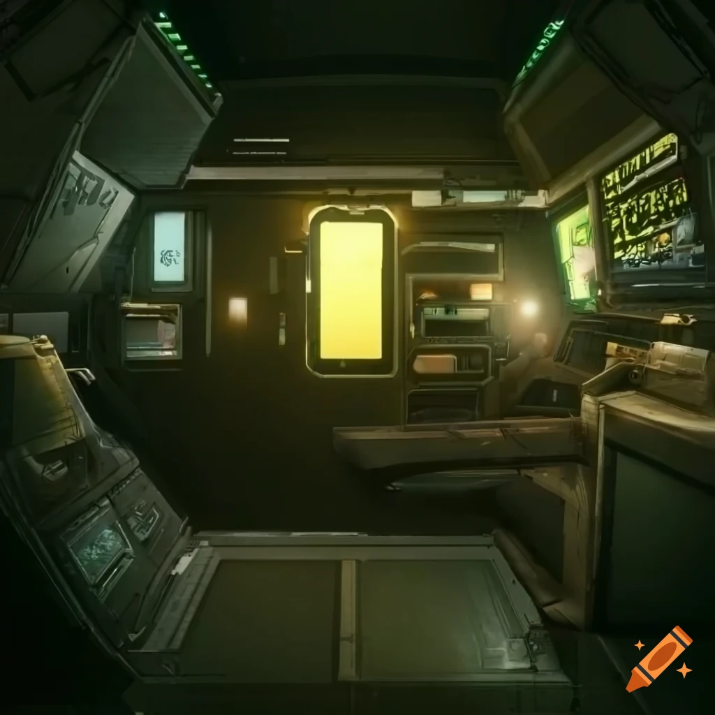 Cozy cyberpunk spaceship cabin in a photorealistic setting
