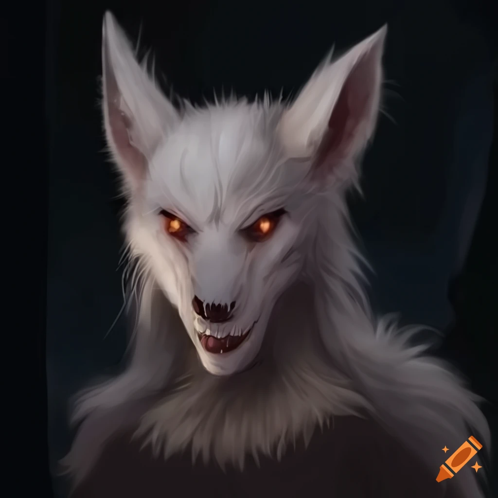 Werewolf with white fur, long slim ears pulled back and scars