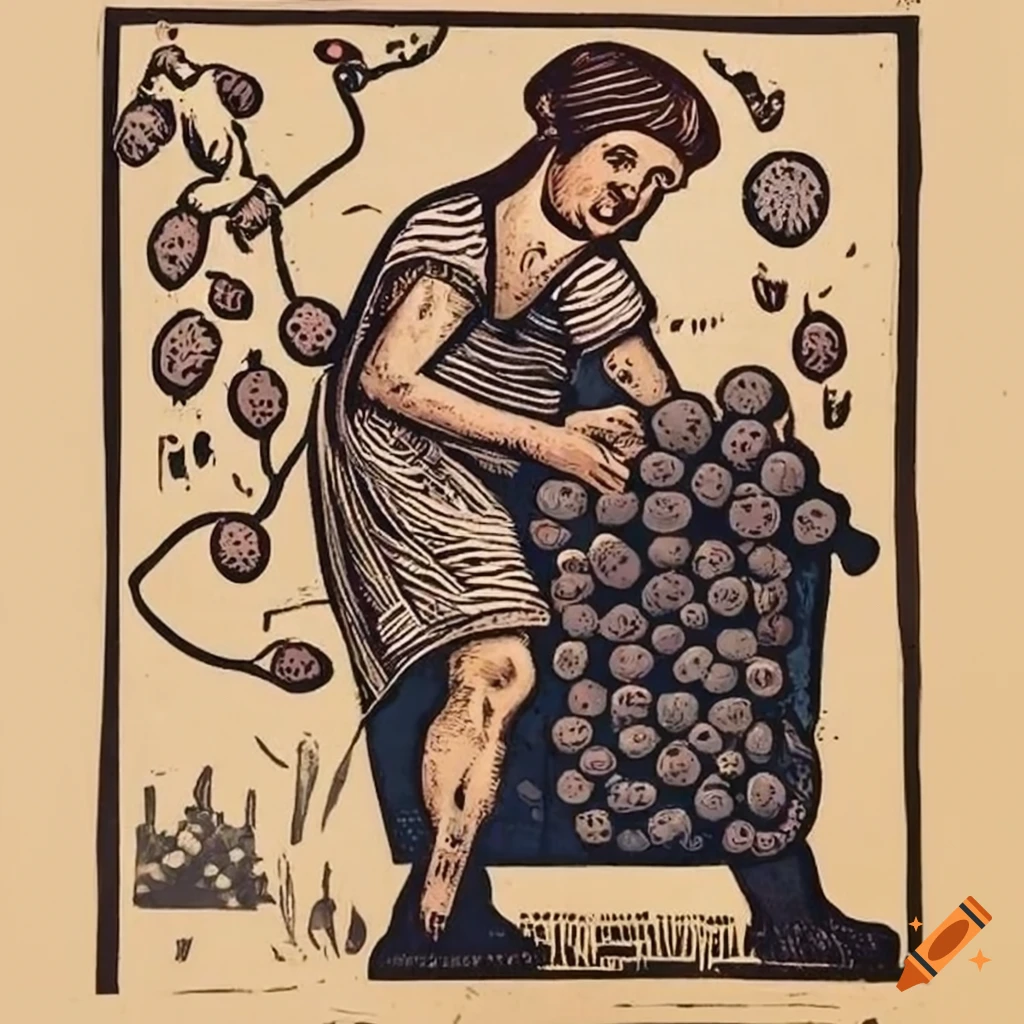 Medieval winemaker carrying grapes in a linocut style