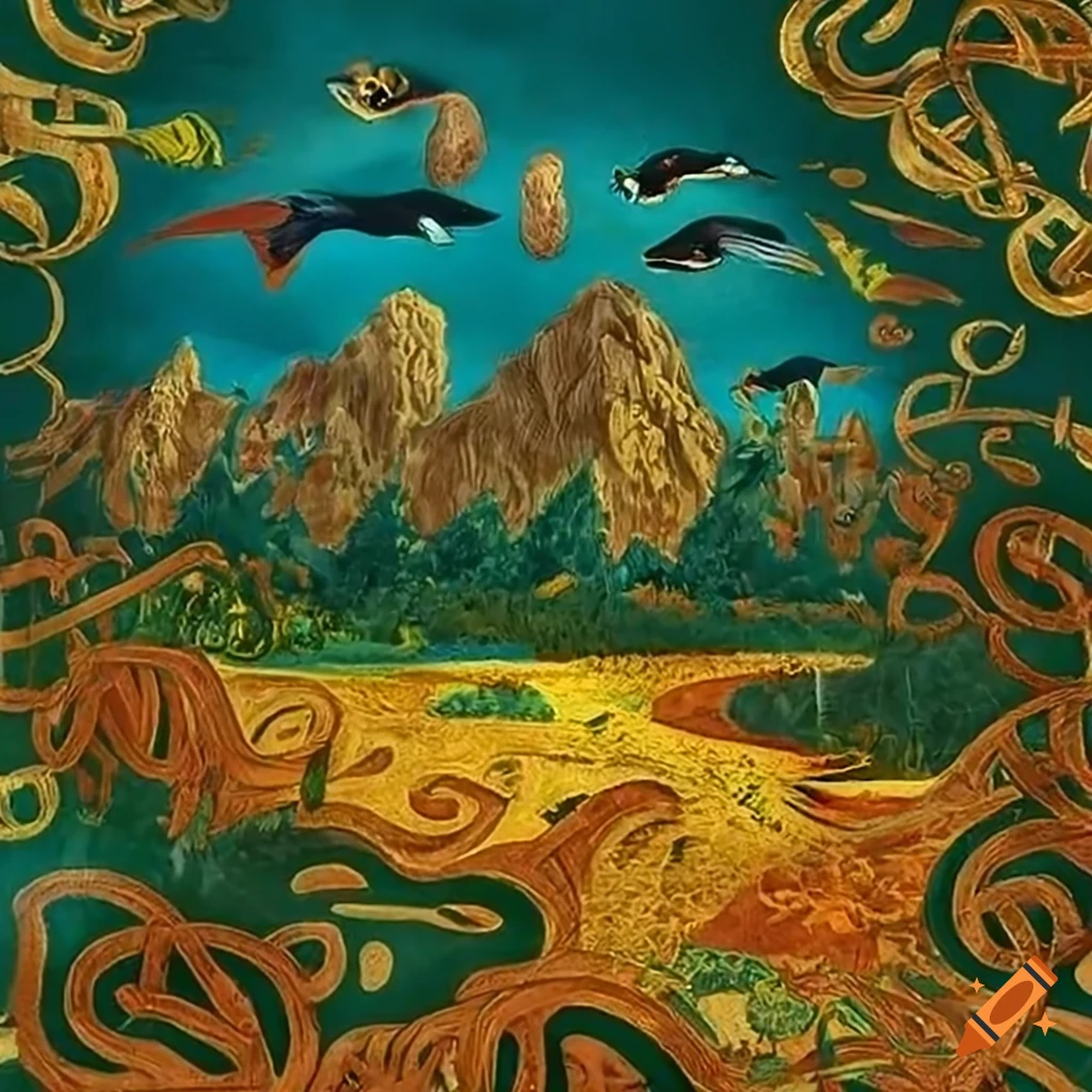 Wide view panorama of Celtic and Salish designs with Seahawks, ravens, fish, and forest animals