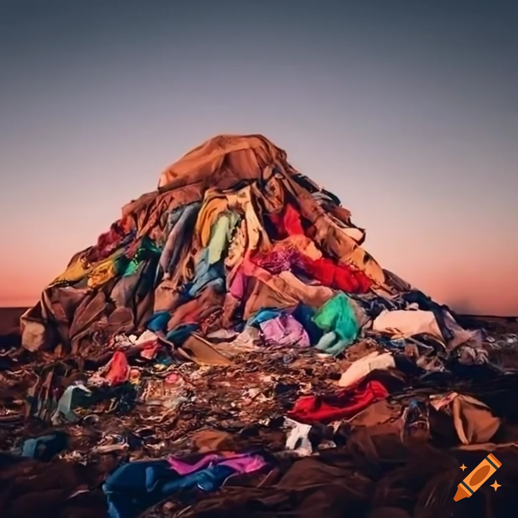 Vast landfill with discarded clothes symbolizing waste issue
