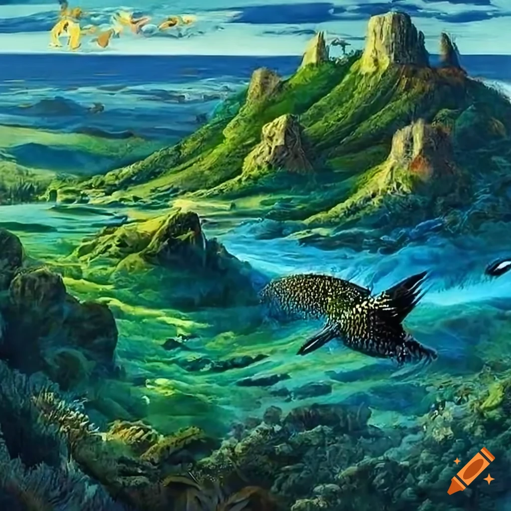 Wide view panorama of Celtic and Salish designs with Seahawks, ravens, fish, and forest animals