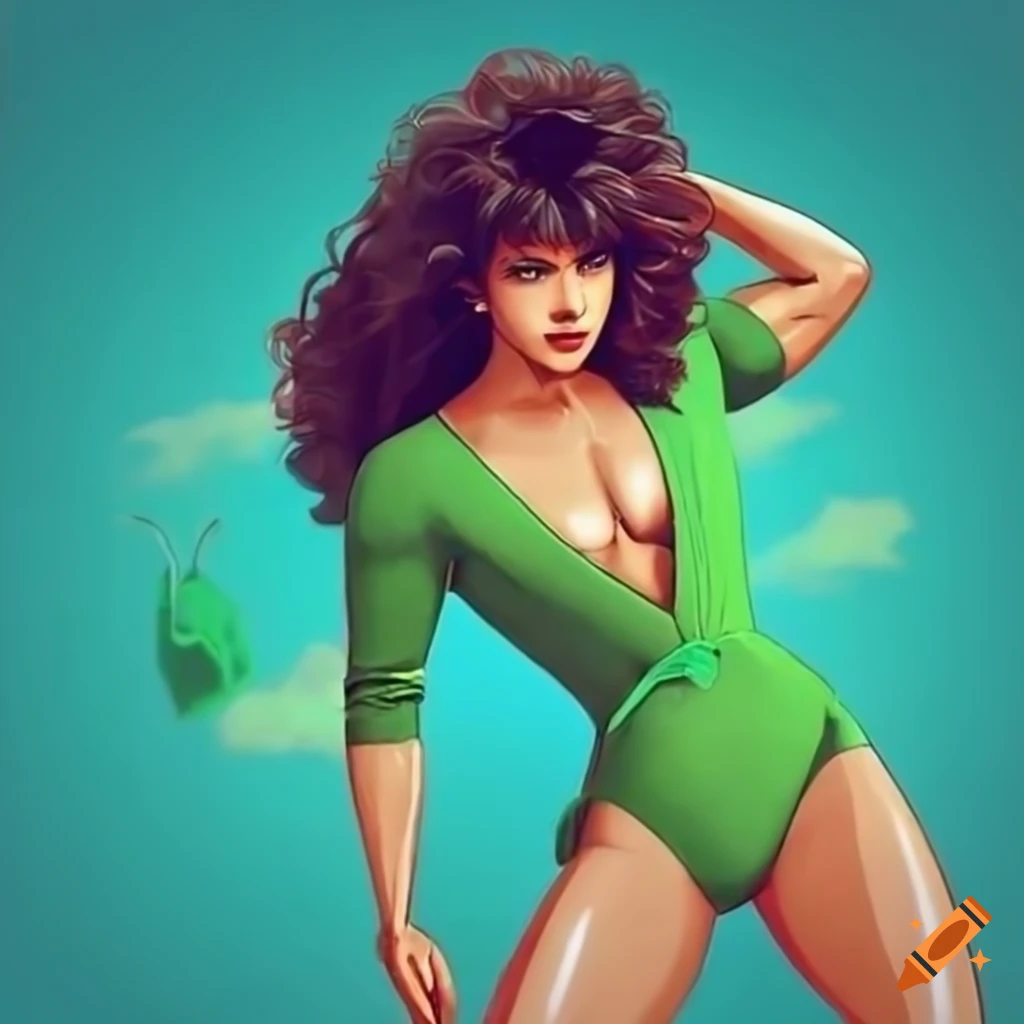 Female bodybuilder Priyanka Chopra in a green bathing suit with an 80s anime style