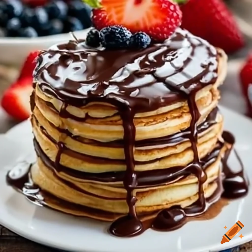 Tower of delicious pancakes with melted chocolate in close-up