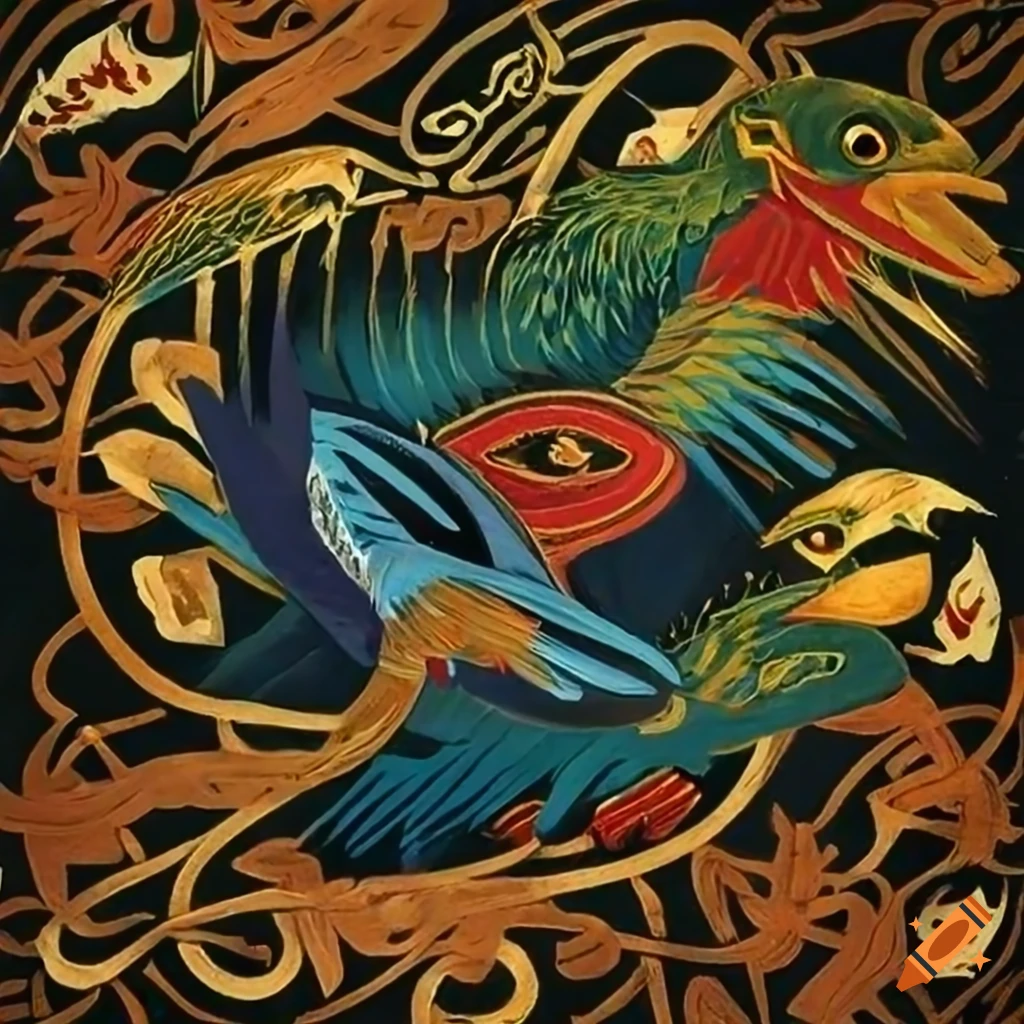 Wide view panorama of Celtic and Salish designs with Seahawks, ravens, fish, and forest animals