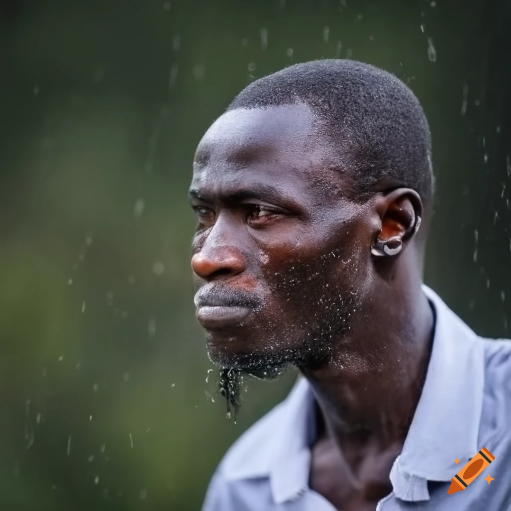 Portrait of Nigerian man with striking features in rainy weather