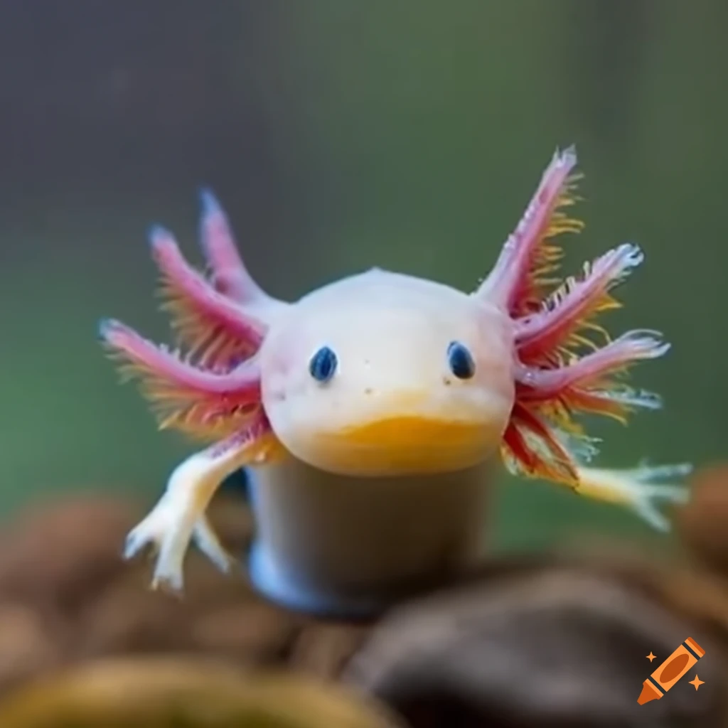 Miniature axolotl swimming in a cup