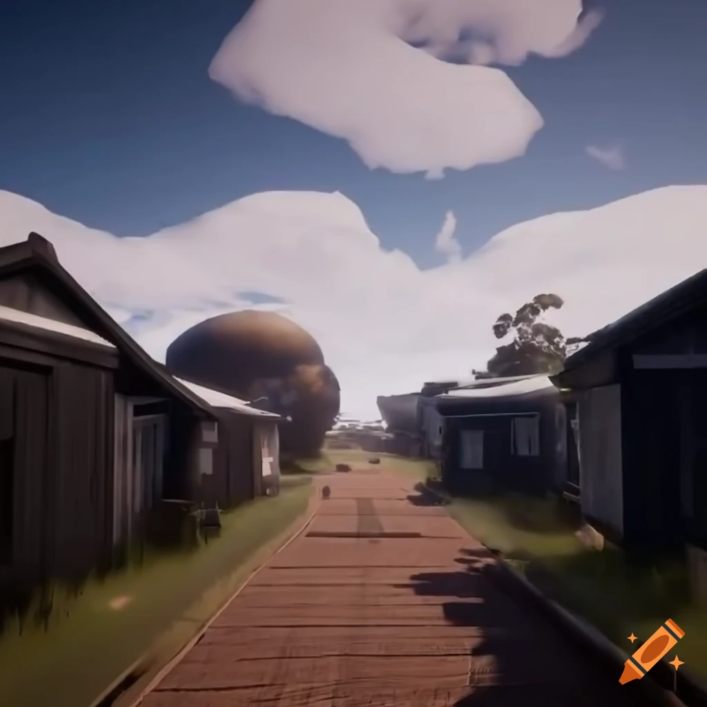 Breathtaking view of an Australian sci-fi village with white houses and corn fields under a cloudy sky