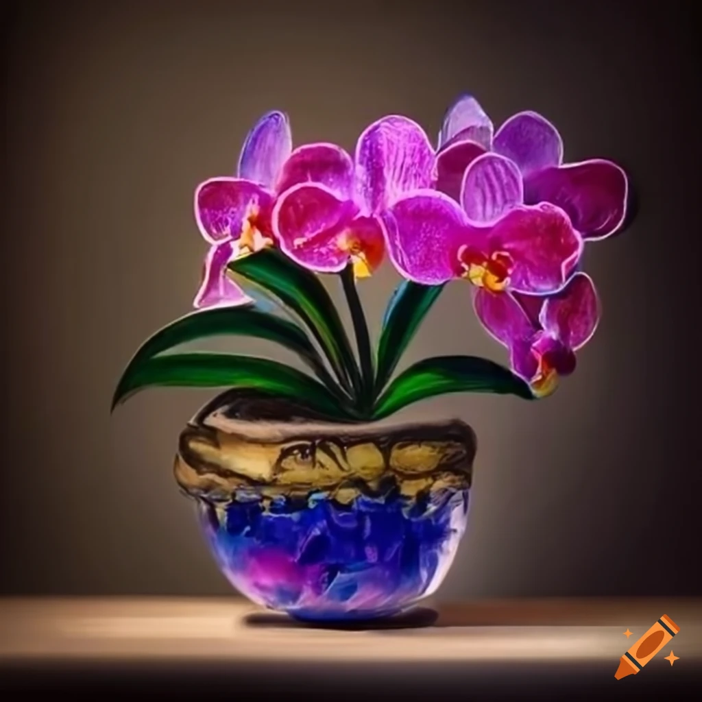 Glass painting of orchid in a pot