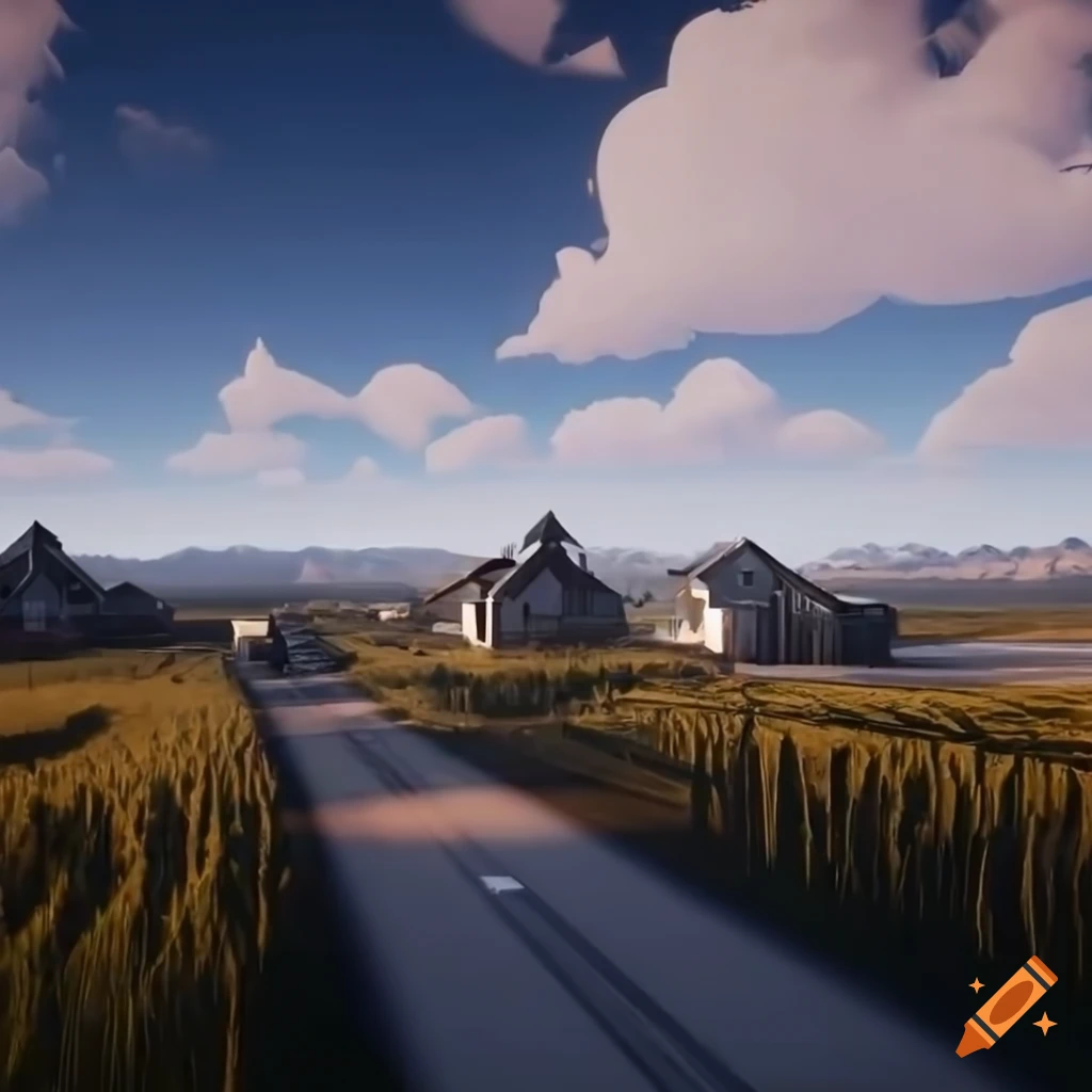 Breathtaking view of an Australian sci-fi village with white houses and corn fields under a cloudy sky