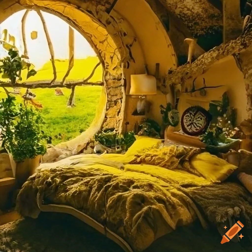 Cozy mushroom house bedroom with plants, vines, and mossy decorations