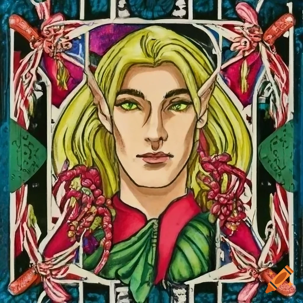 Male elf with long hair holding a tarot card with a dove