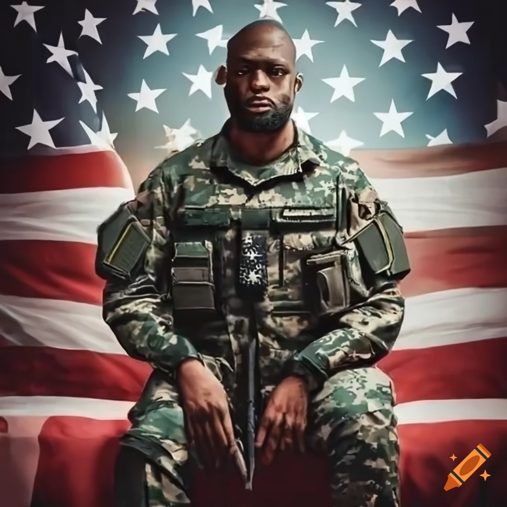Black American soldier sitting by American flag