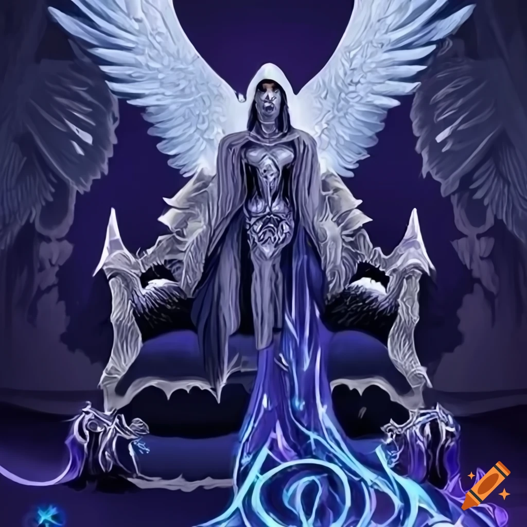 Archangel Zerachiel sitting on a crystal throne in a void realm