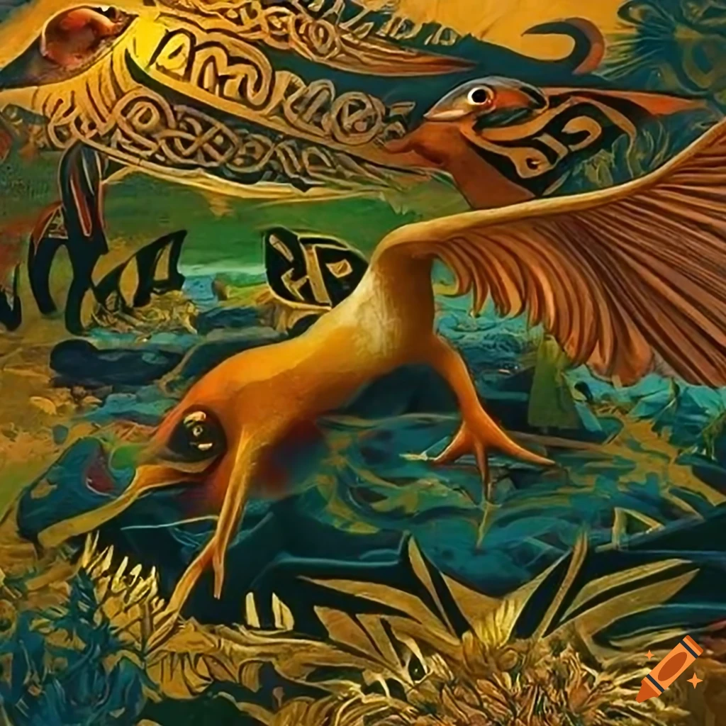 Wide view panorama of Celtic and Salish designs with Seahawks, ravens, fish, and forest animals