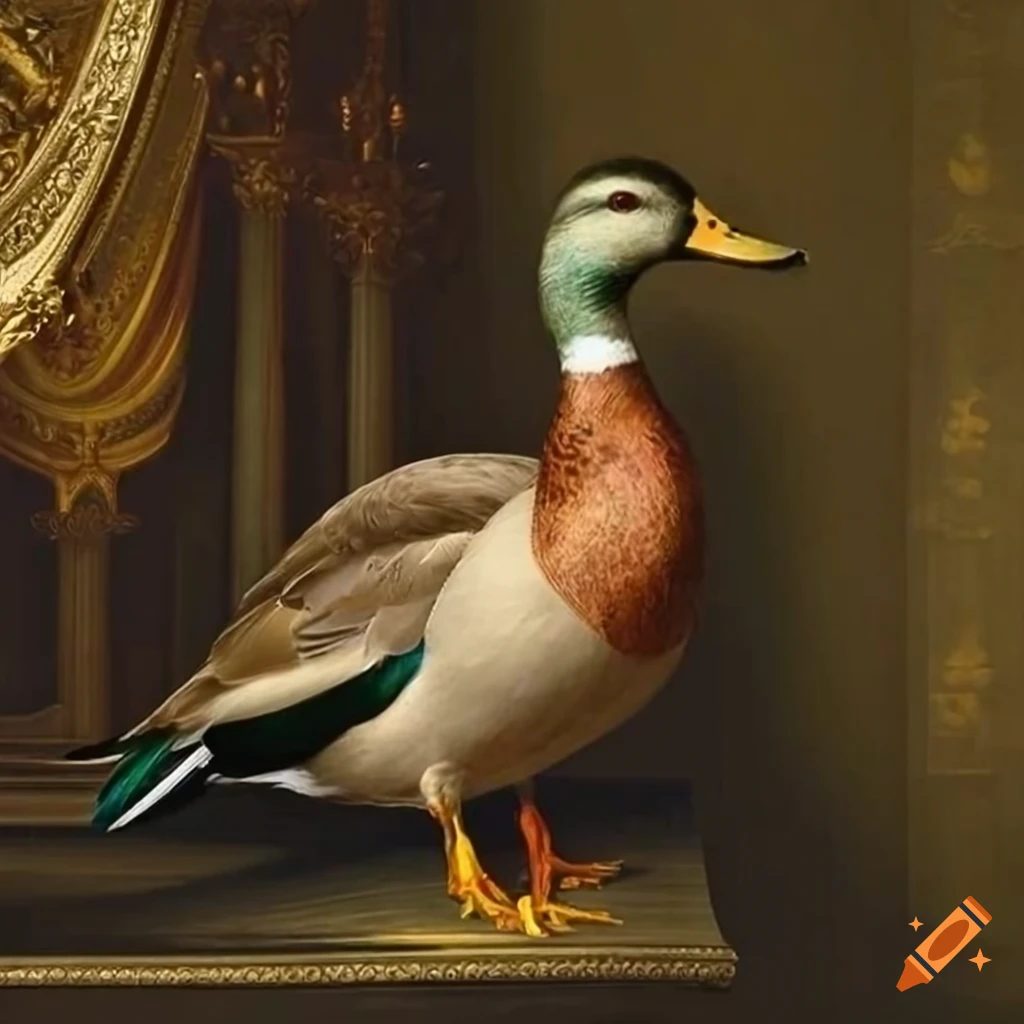 Majestic mallard duck on a gilded throne in a renaissance-styled setting