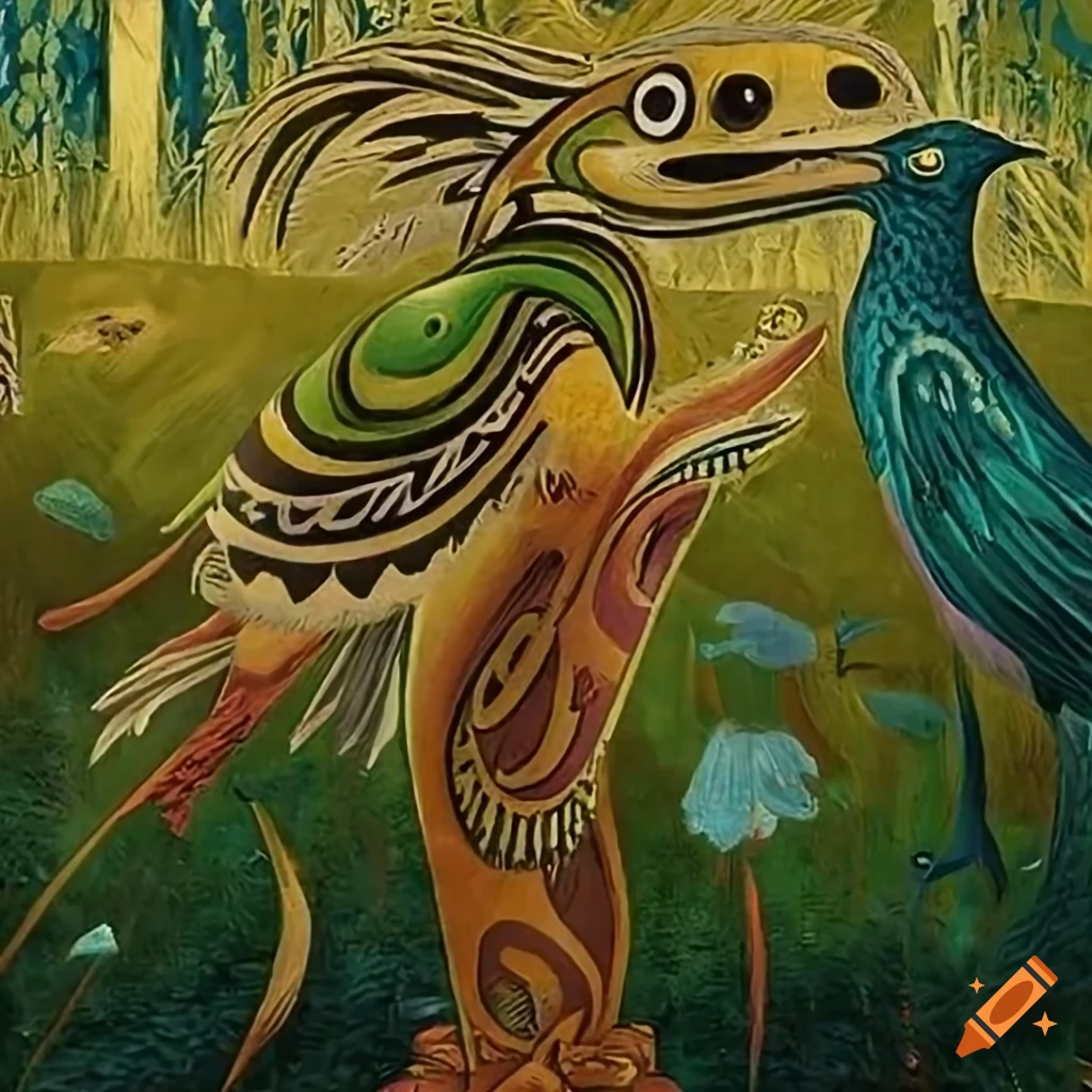 Wide view panorama of Celtic and Salish designs with Seahawks, ravens, fish, and forest animals