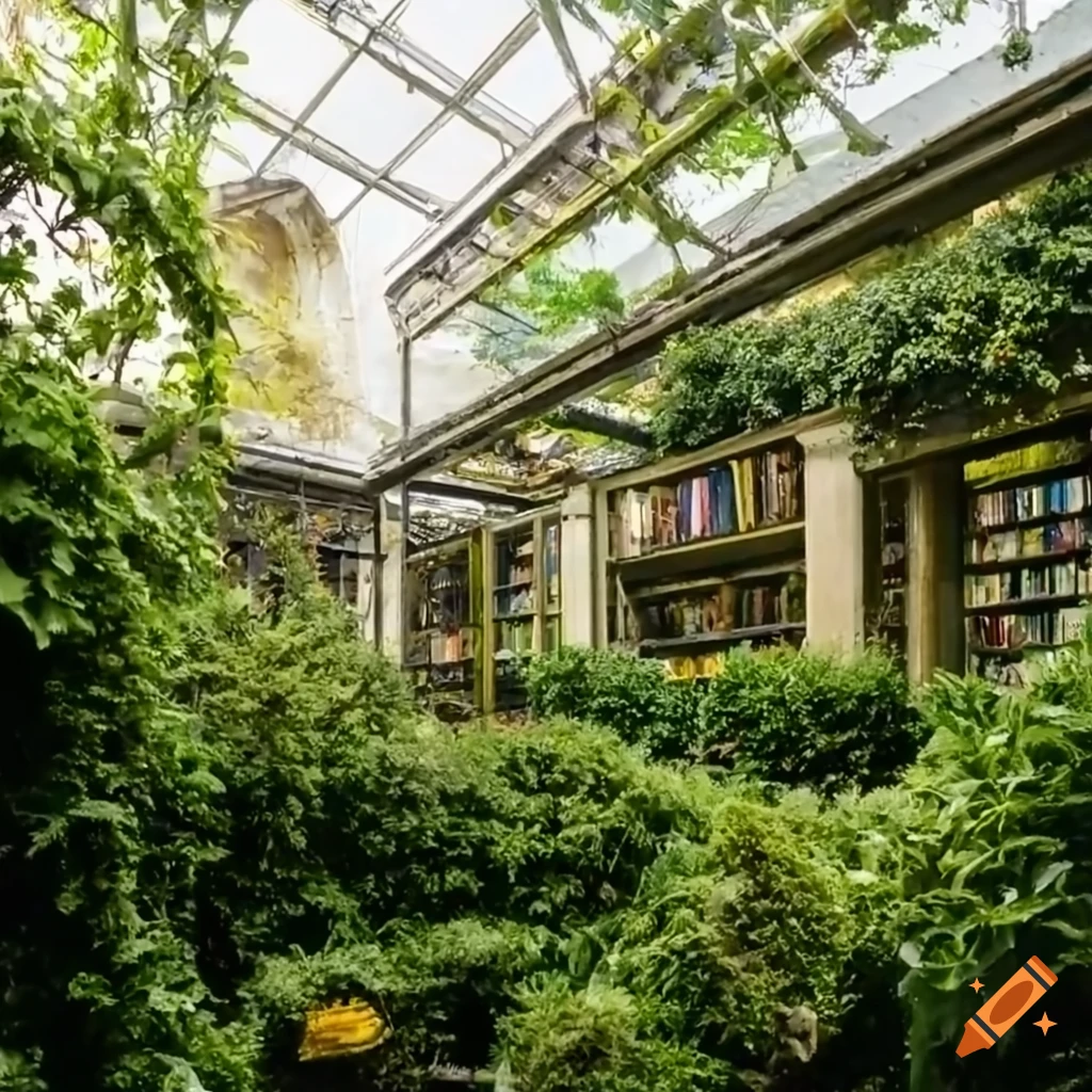 Bookstore with solarpunk and biopunk elements surrounded by moss