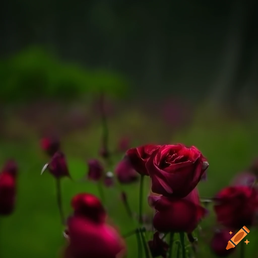 Gloomy meadow with dark roses in the pouring rain