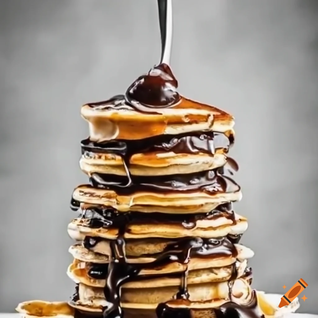 Tower of 10 delicious pancakes with melted chocolate, close-up view