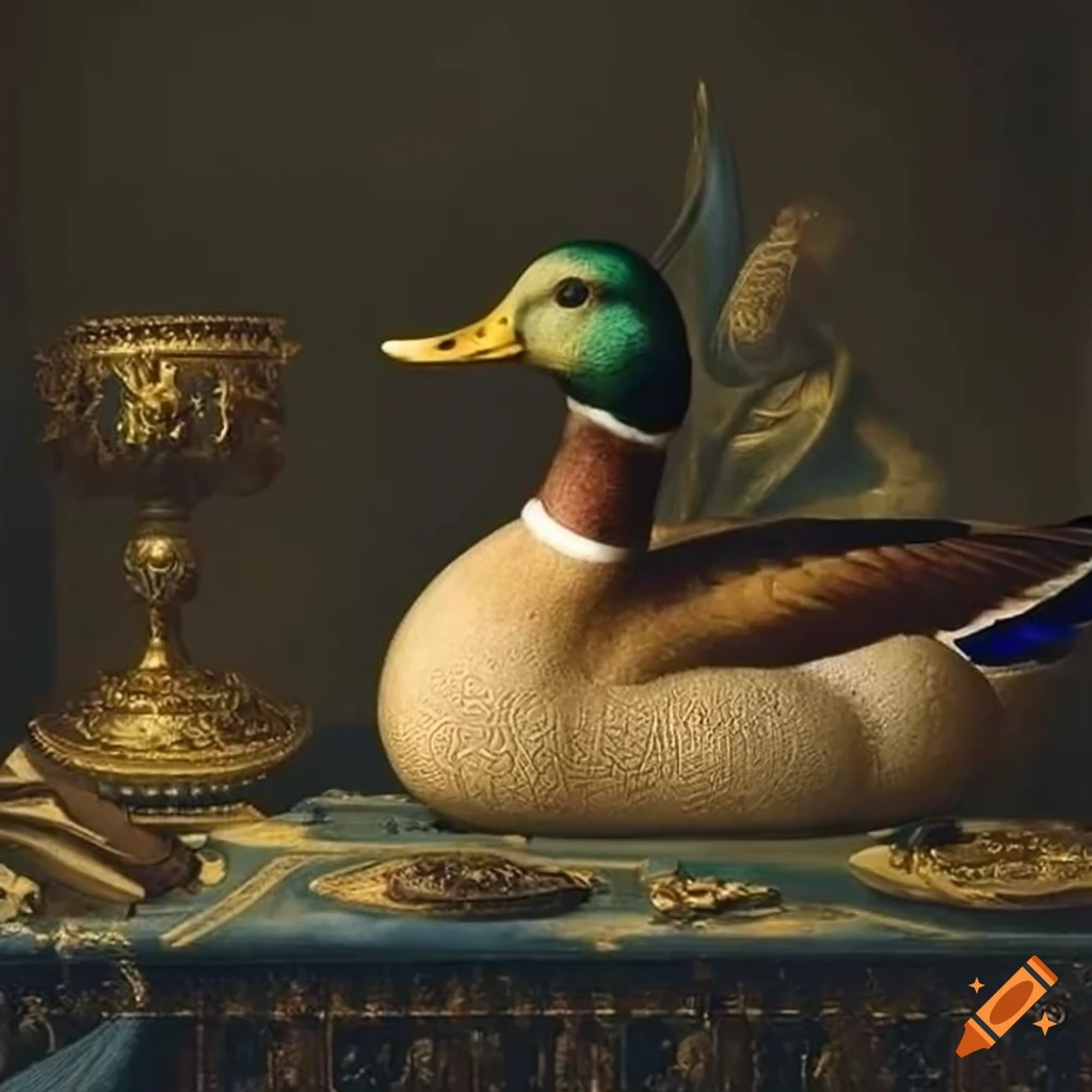 Noble mallard duck perched on a gold throne in a renaissance chamber