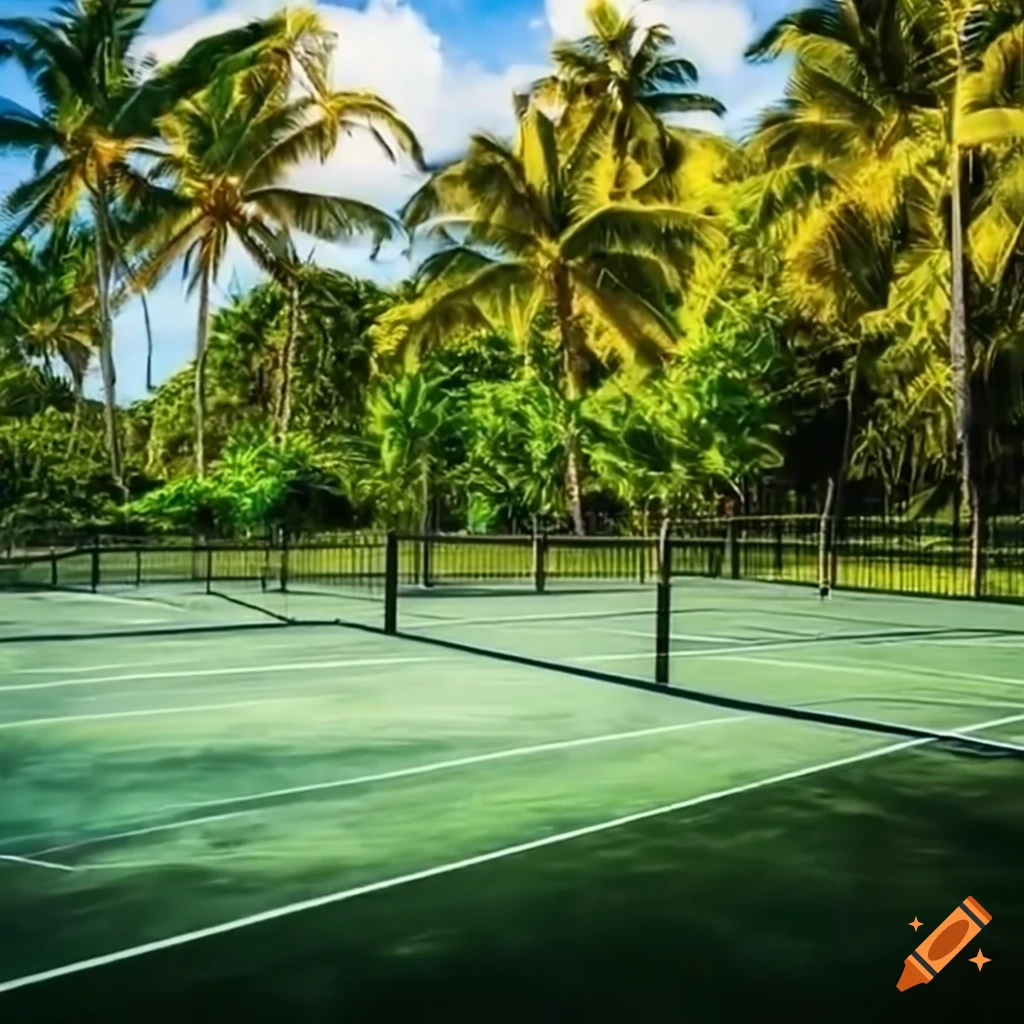 Pickleball court in Hawaii with jungle and palm trees