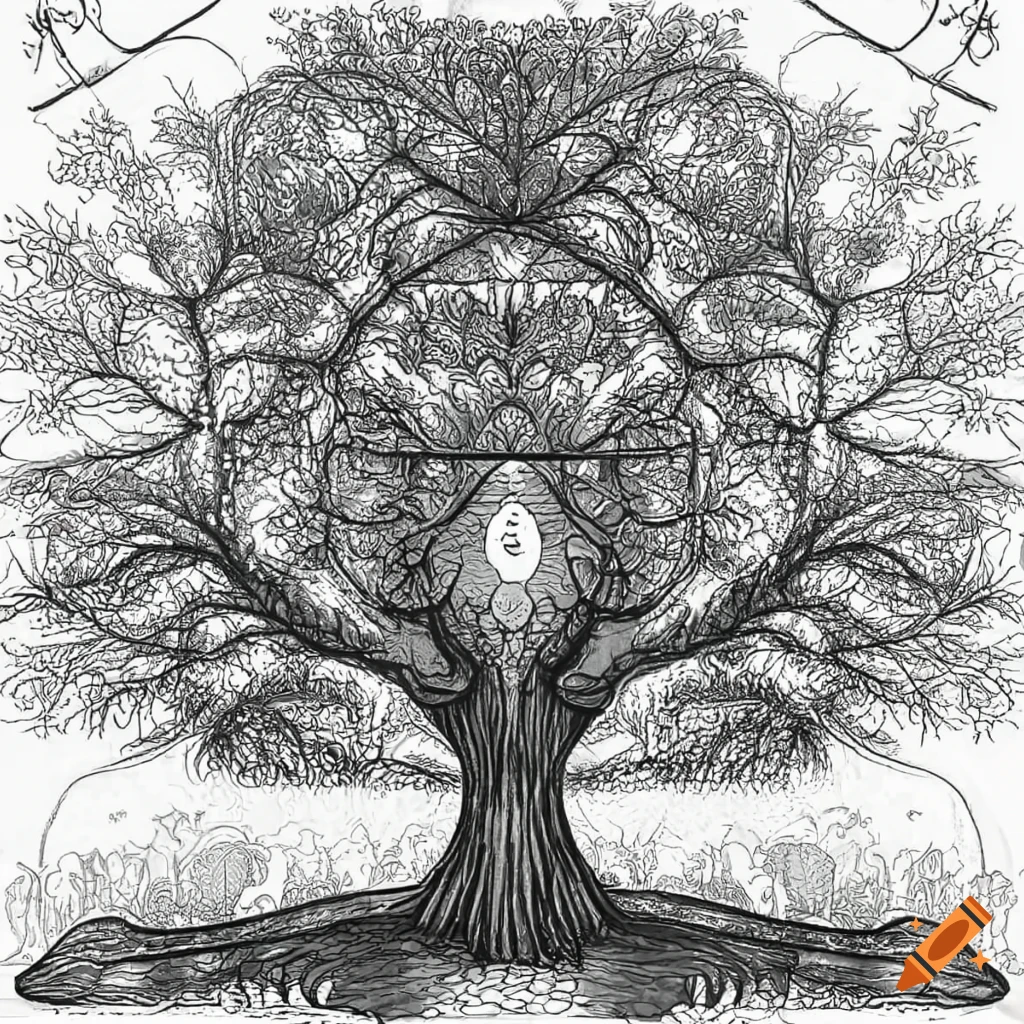 Majestic tree with a door hinting at hidden fairy homes, coloring page for kids