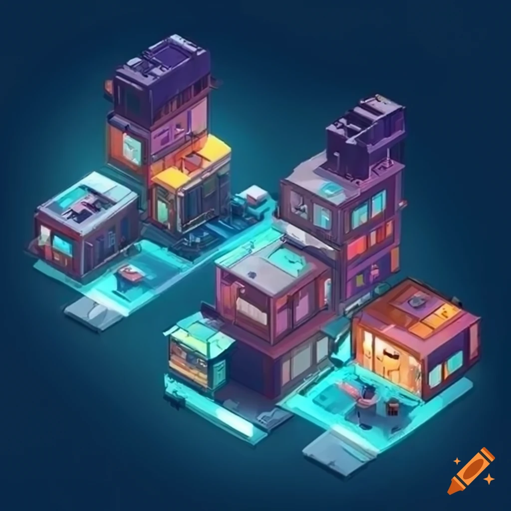 Isometric sci-fi shipping container mountain town government building