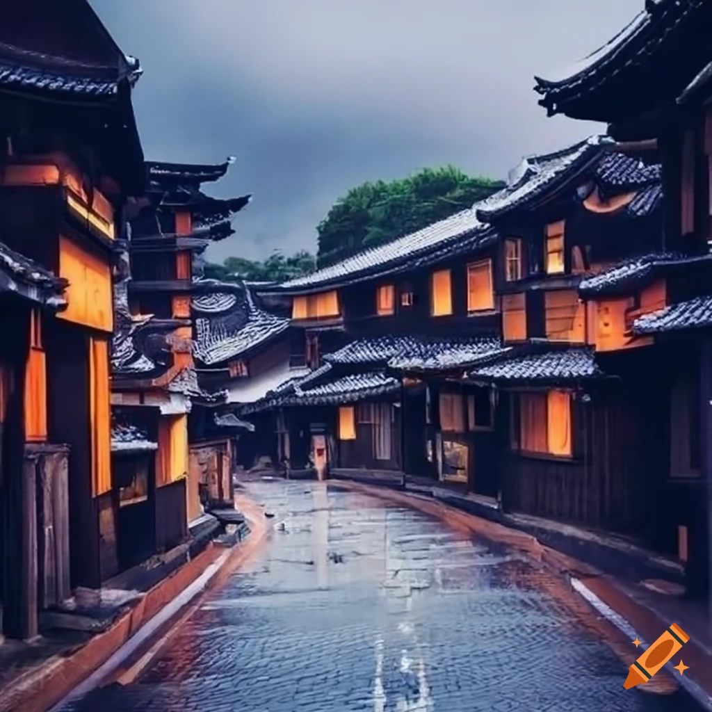 Traditional Japanese old-town after rain