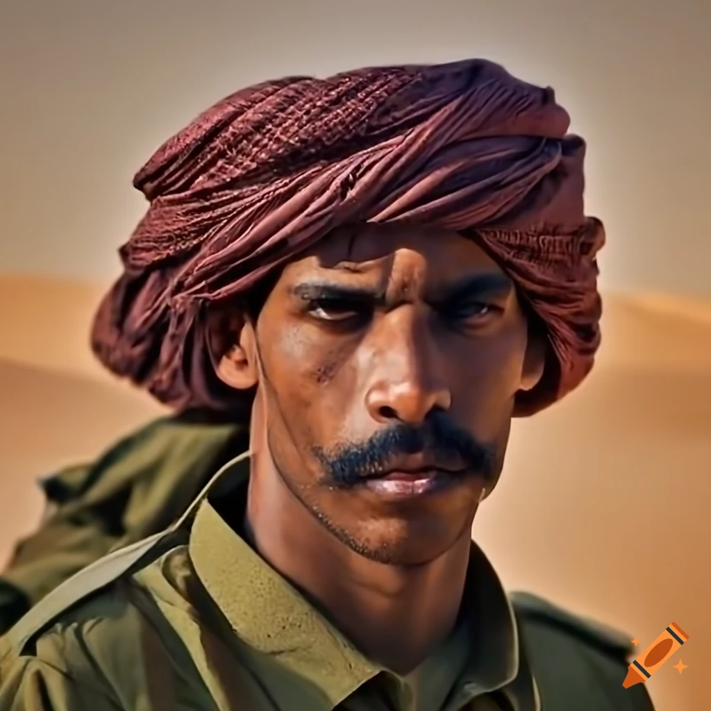 Group of men in olive green police uniforms training in a desert bedouin camp