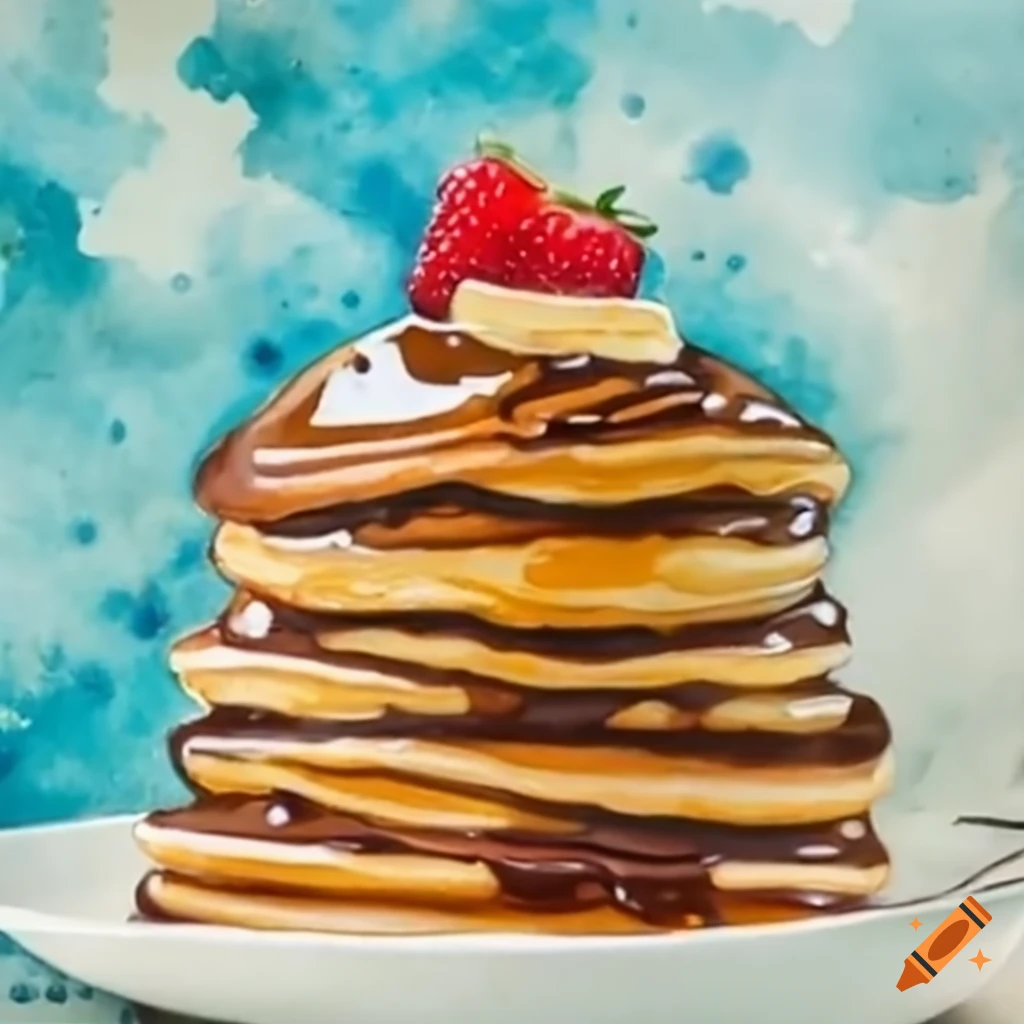 Tower of 10 delicious pancakes with melted chocolate, close-up view
