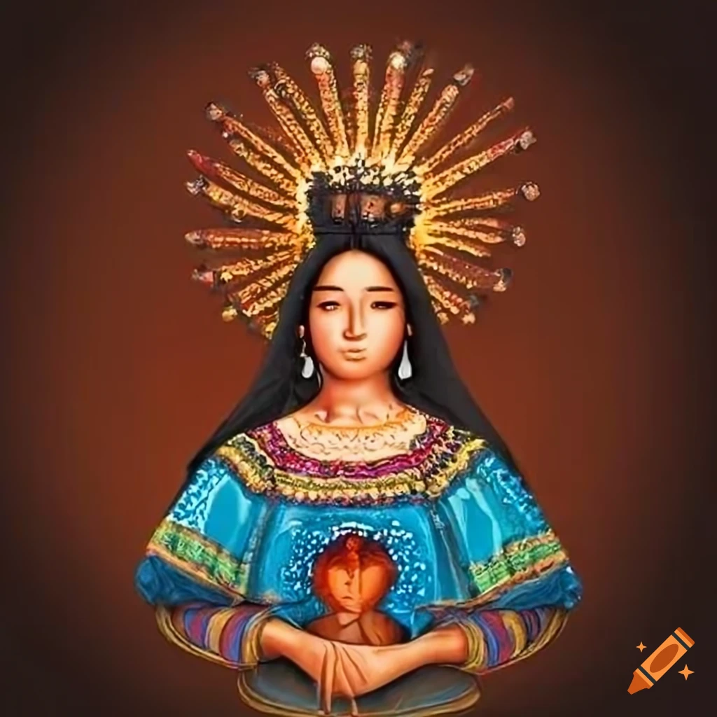 Artistic representation of the Immaculate Heart of Virgin Mary as an indigenous woman in Mayan attire