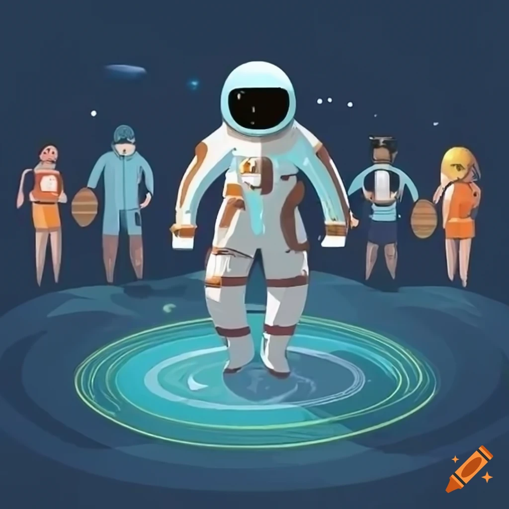 Space tourism guide leading tourists in spacesuits to different planets