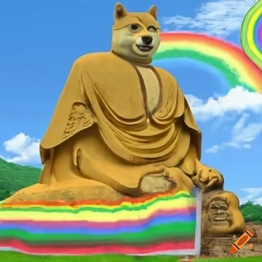 Doge rainbow meme with friends explosion, Chinese mountains and giant stone Buddha