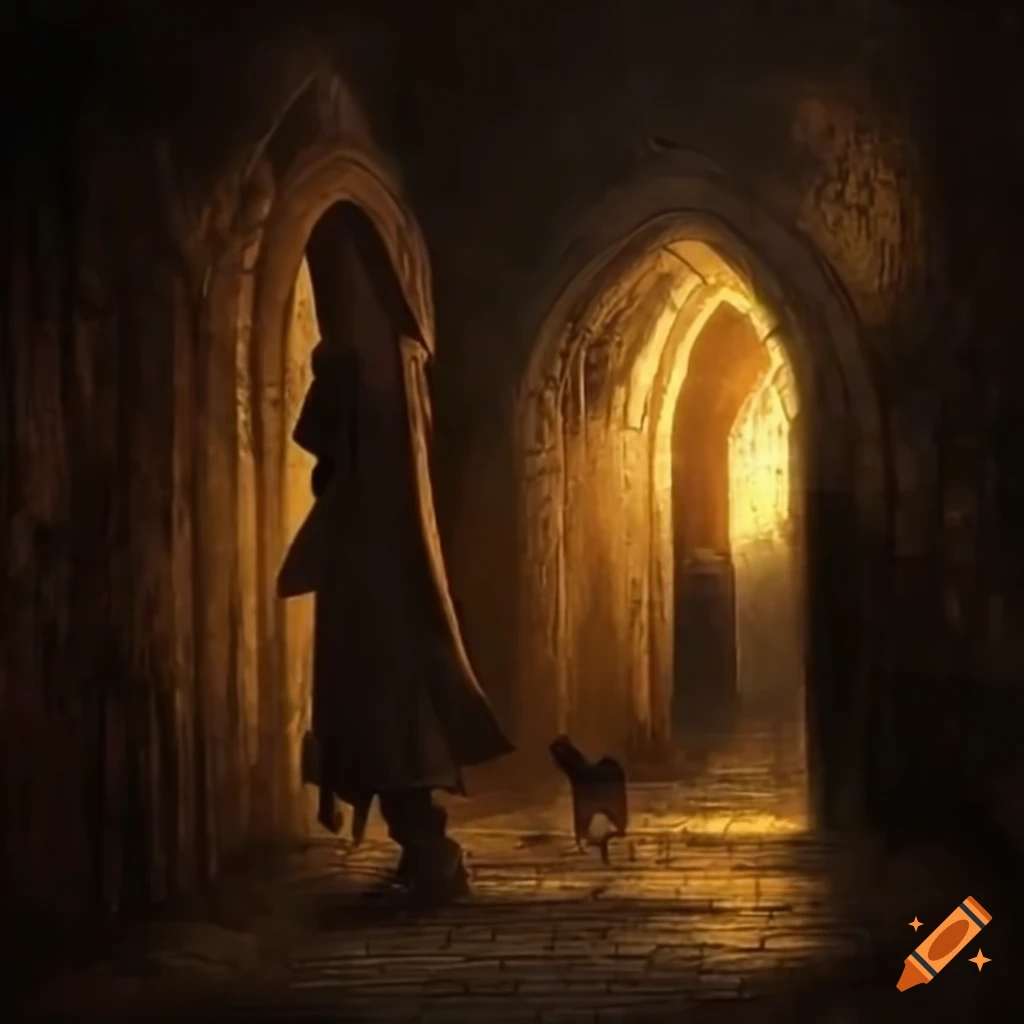 Rainy and sad medieval castle walkways with torches, monks in the dark