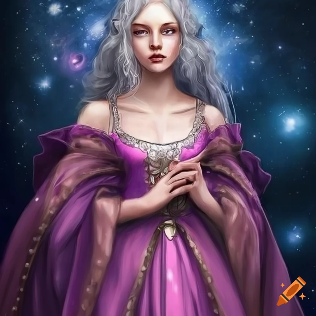 Fairytale illustration of a young woman with silver hair in a medieval ...