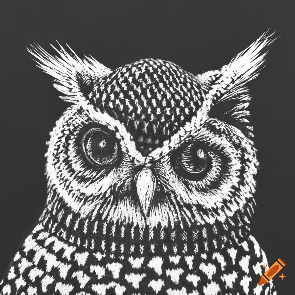 Owl wearing a sweater and knit hat in a black and white illustration