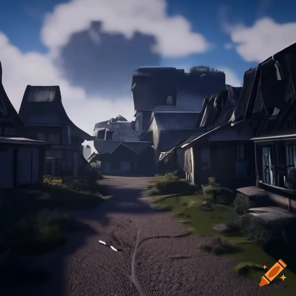 Breathtaking view of an Australian sci-fi village with white houses and corn fields under a cloudy sky