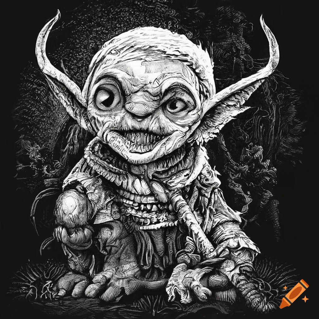 Intricately detailed goblin character in black and white engraving art