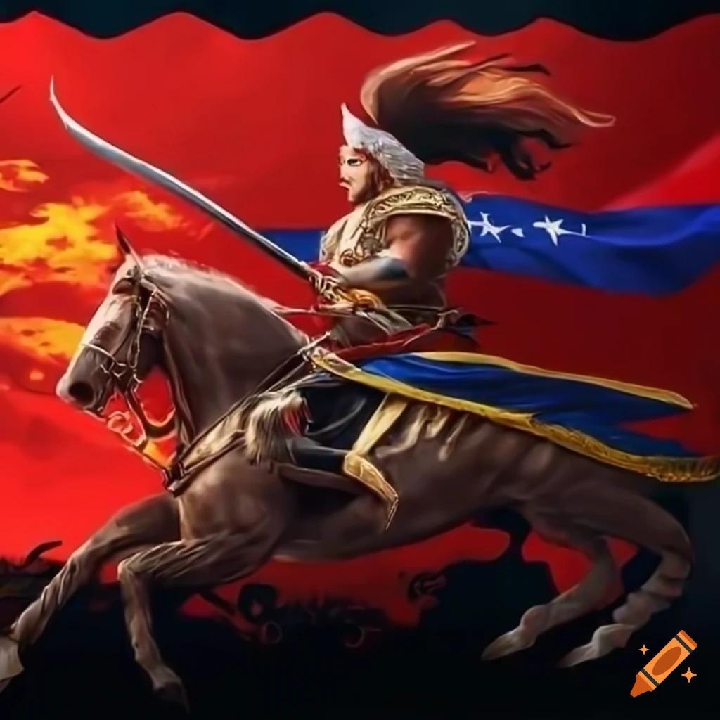 Yasuo on horseback in traditional clothing with a sword, Venezuelan flag in the background