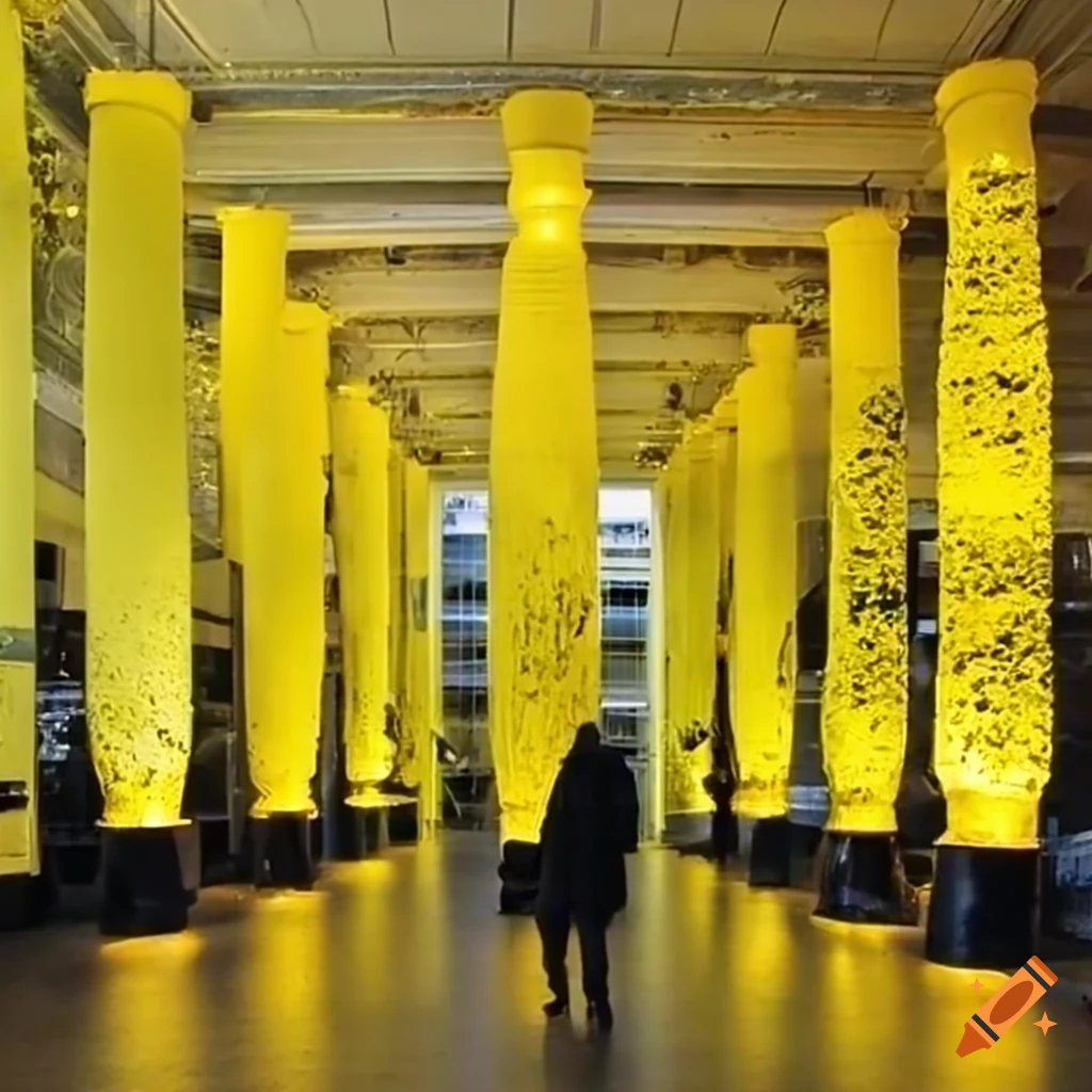 Displayed yellow lava lamps in a dimly lit museum