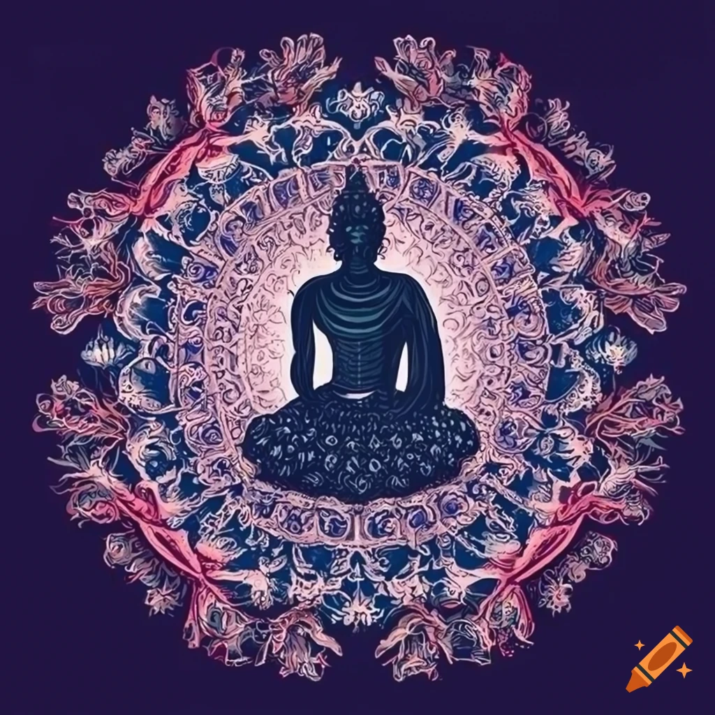 Peaceful Buddha surrounded by lotus flowers and mandalas on a T-shirt design