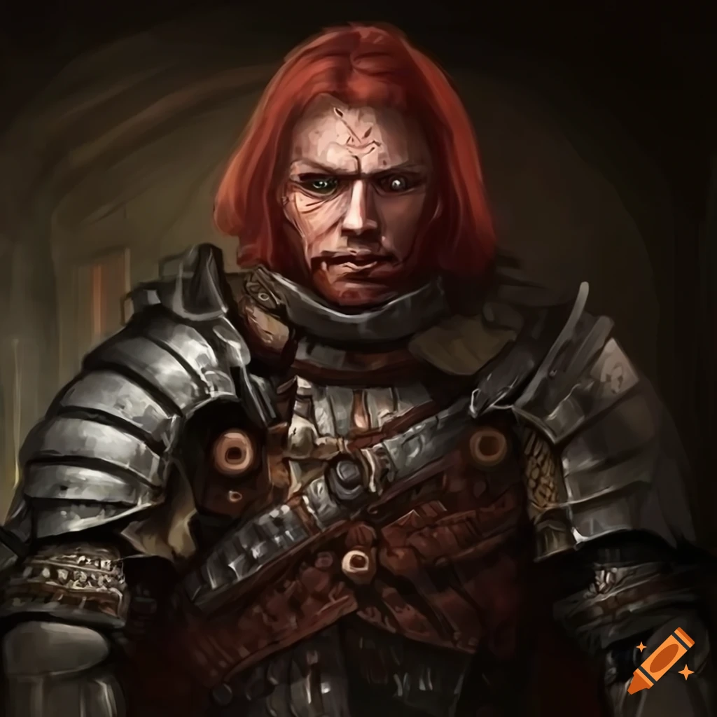 Human mercenary in heavy armor in a dungeon