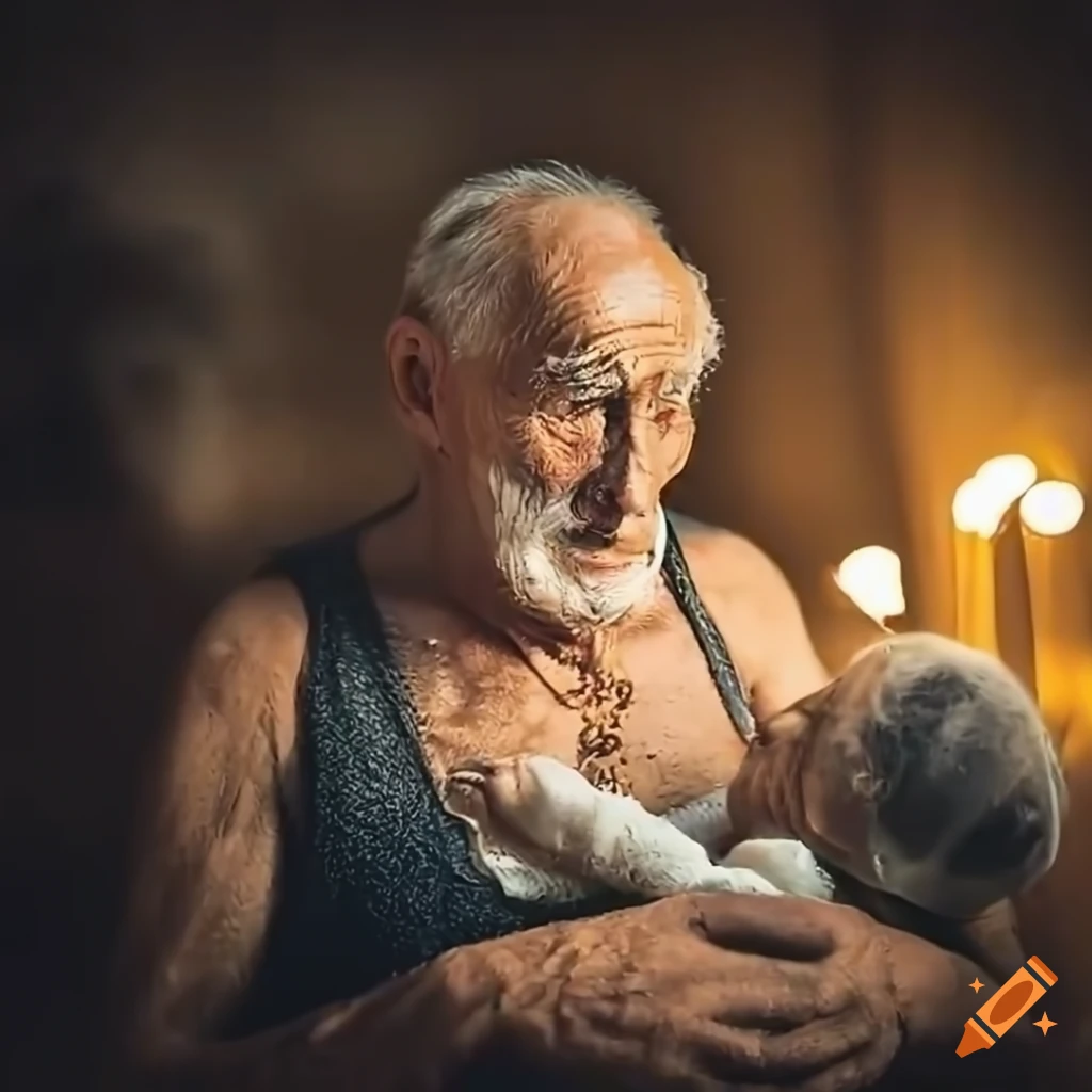 Old cheese man with newborn cheese babies in the night
