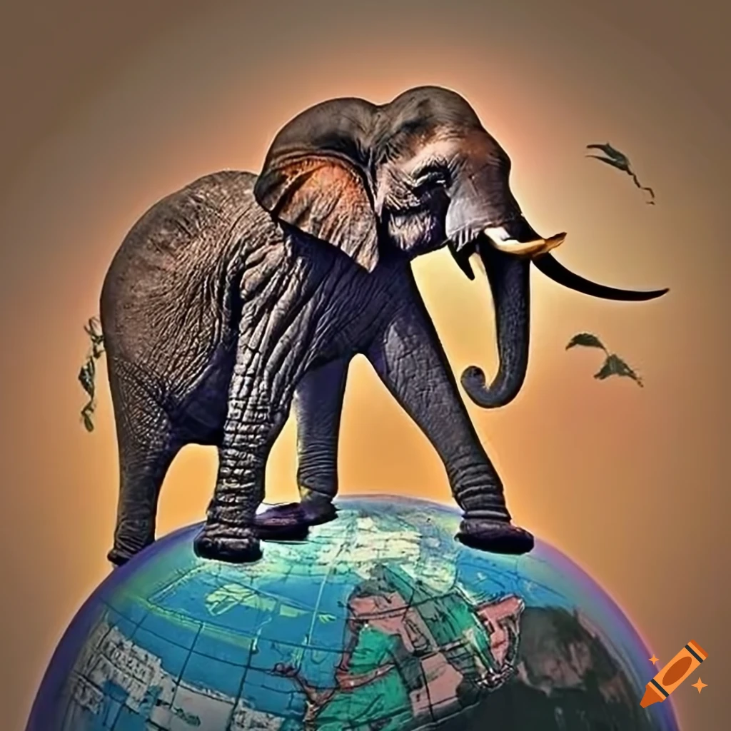 Old elephant balancing on a globe in the African savannah with tears of laughter