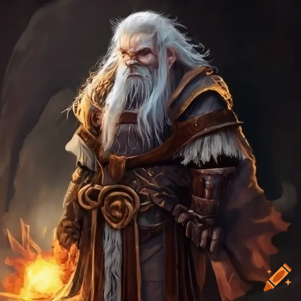Enchanting dwarf sorcerer with white beard in a dark magical environment